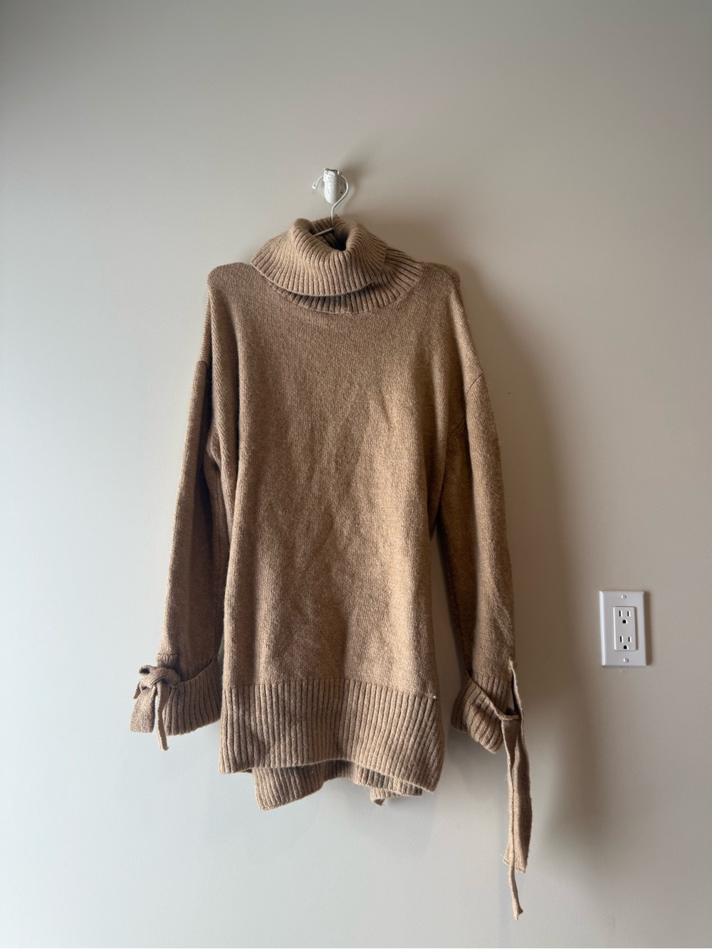 Cozy Camel Turtleneck Sweater with Tie-Sleeve Detail